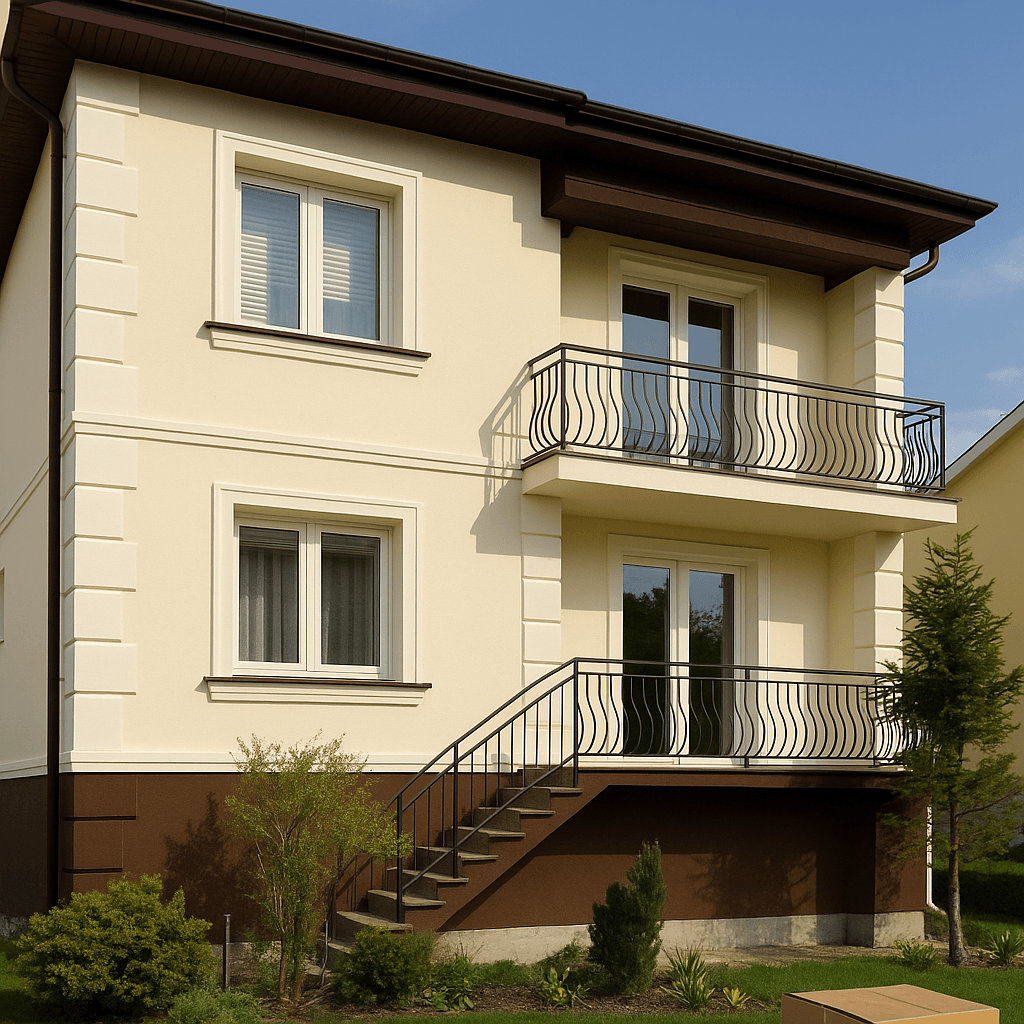 Enhanced classic facade with refined architectural details after AI transformation